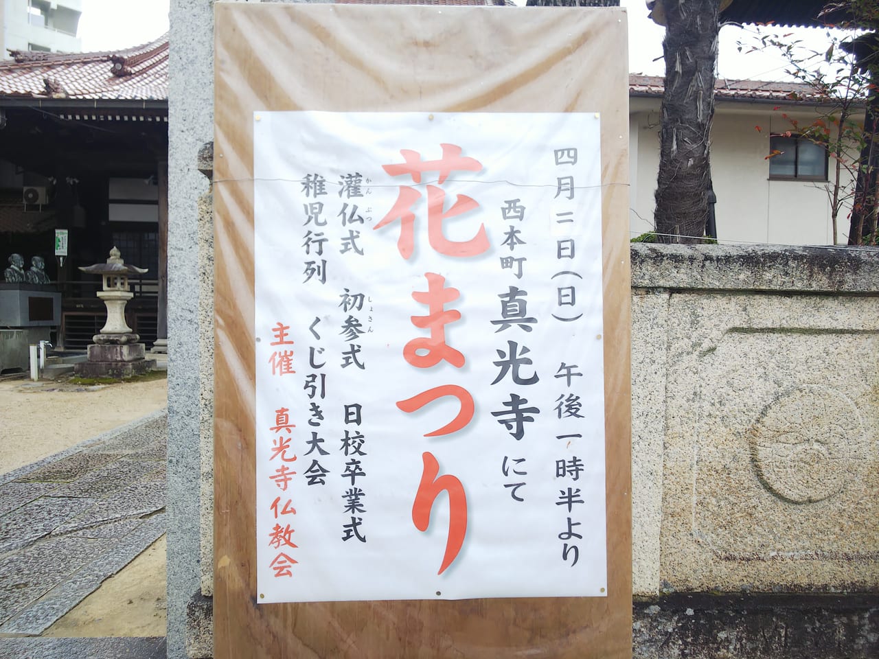 「花まつり」の案内。東広島市西条西本町にある真光寺。